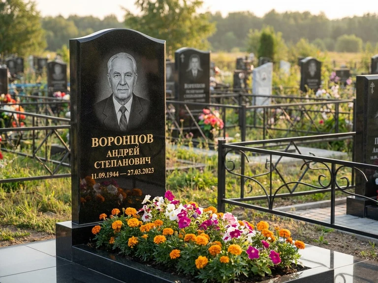 Гравировка фото на памятнике в Мурманске — готовый гравированный портрет на чёрном граните