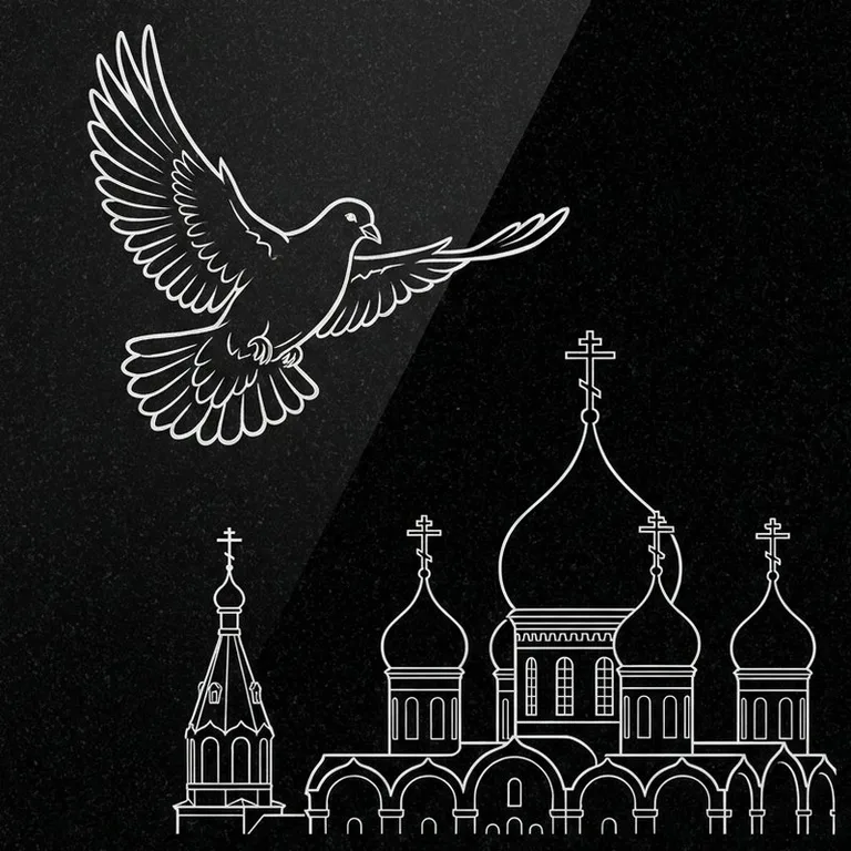 Эскиз гравировки голубей на памятник — голубь в небе над храмом в Мурманске