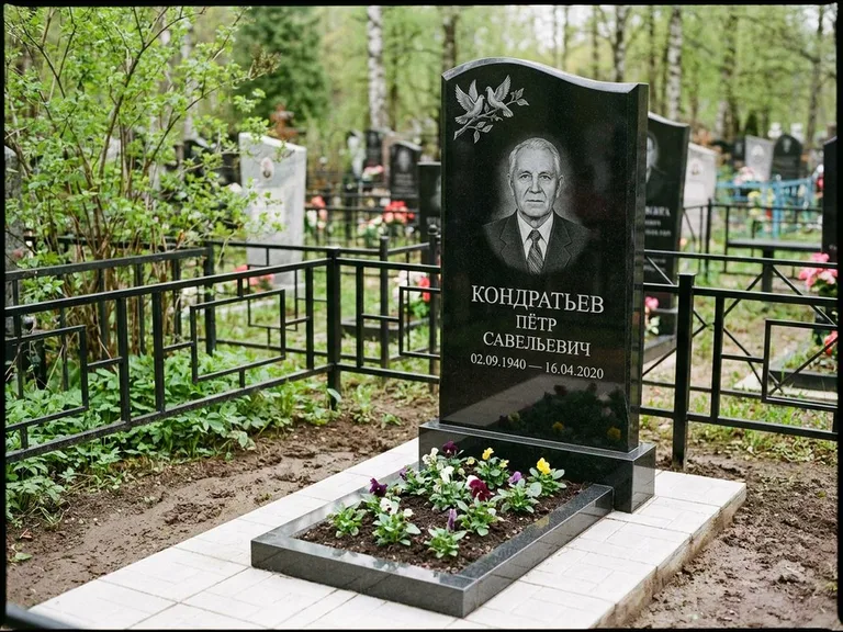 Памятник с гравировкой голубей — гравировка пары голубей на ветке в верхнем углу стелы, работа «Кондратьев» в Мурманске