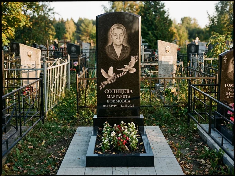 Памятник с гравировкой голубей — гравировка двух летящих голубей с лентой по диагонали стелы, работа «Солнцева» в Мурманске