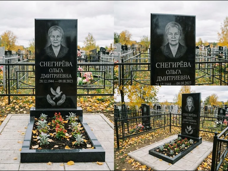 Памятник с гравировкой голубей — гравировка голубя над раскрытыми ладонями внизу стелы, работа «Снегирёва» в Мурманске