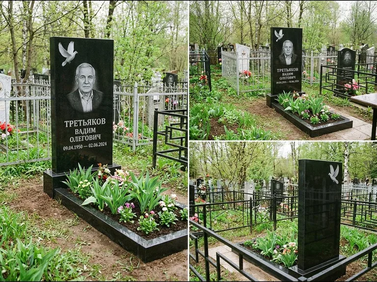 Памятник с гравировкой голубей — белая гравировка взлетающего голубя над портретом, работа «Третьяков» в Мурманске