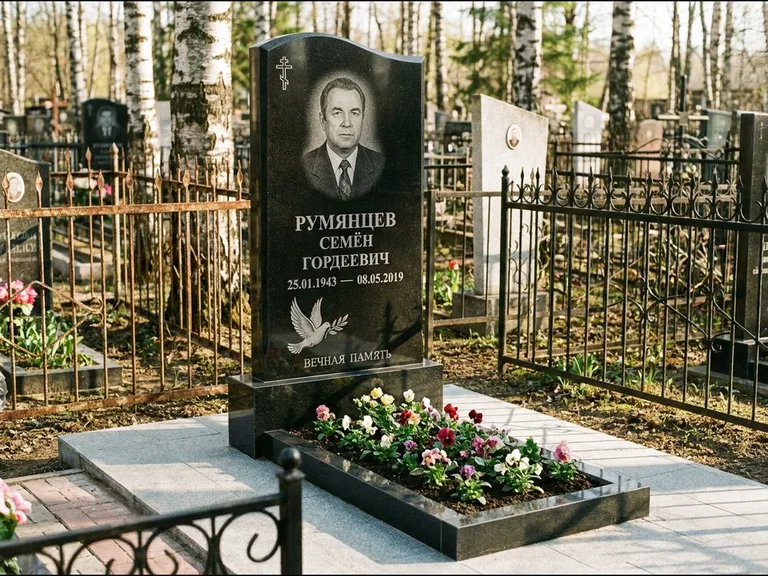Памятник с гравировкой голубей — гравировка голубя с оливковой ветвью рядом с эпитафией, работа «Румянцев» в Мурманске