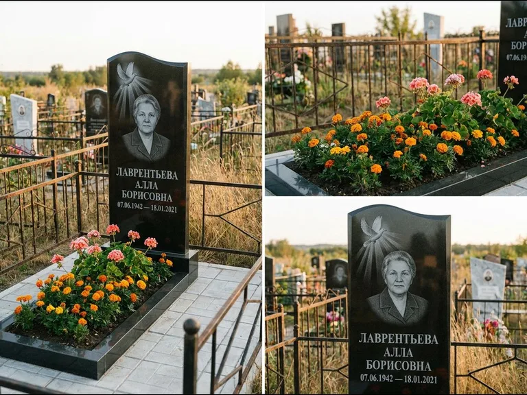 Памятник с гравировкой голубей — гравировка голубя в лучах света над портретом, работа «Лаврентьева» в Мурманске