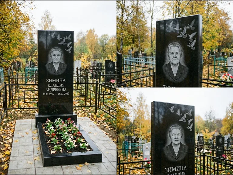 Памятник с гравировкой голубей — гравировка стаи голубей, взлетающей от угла стелы, работа «Зимина» в Мурманске