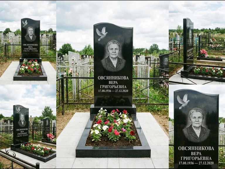 Памятник с гравировкой голубей — белая гравировка взлетающего голубя над портретом, работа «Овсянникова» в Мурманске
