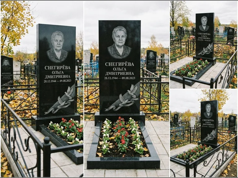 Памятник с гравировкой голубей — гравировка двух летящих голубей с лентой по диагонали стелы, работа «Снегирёва» в Мурманске