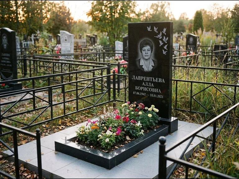 Памятник с гравировкой голубей — гравировка стаи голубей, взлетающей от угла стелы, работа «Лаврентьева» в Мурманске