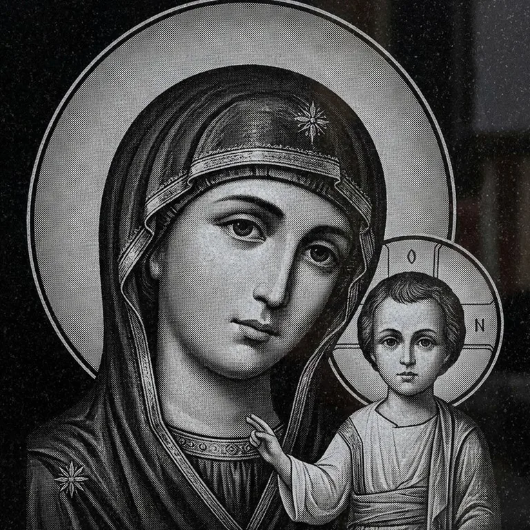 Эскиз иконы: Казанская (полутон) — детальный образ Богородицы, гравировка на памятник в Мурманске