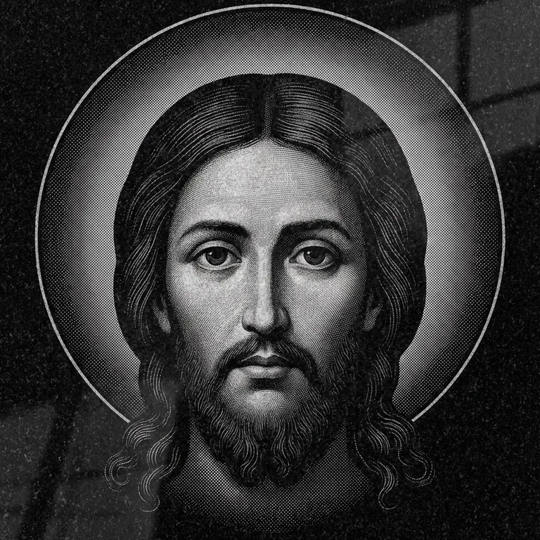 Эскиз иконы: Спас Нерукотворный (полутон) — детальный лик на убрусе, гравировка на памятник в Мурманске