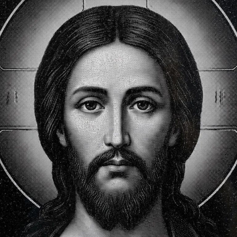 Эскиз иконы: Спас Вседержитель (полутон) — объёмный лик, светотень, гравировка на памятник в Мурманске