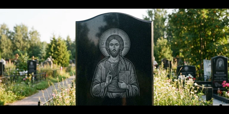 Иконы для гравировки на памятник в Мурманске — образ на стеле из чёрного гранита с ручной доводкой лика