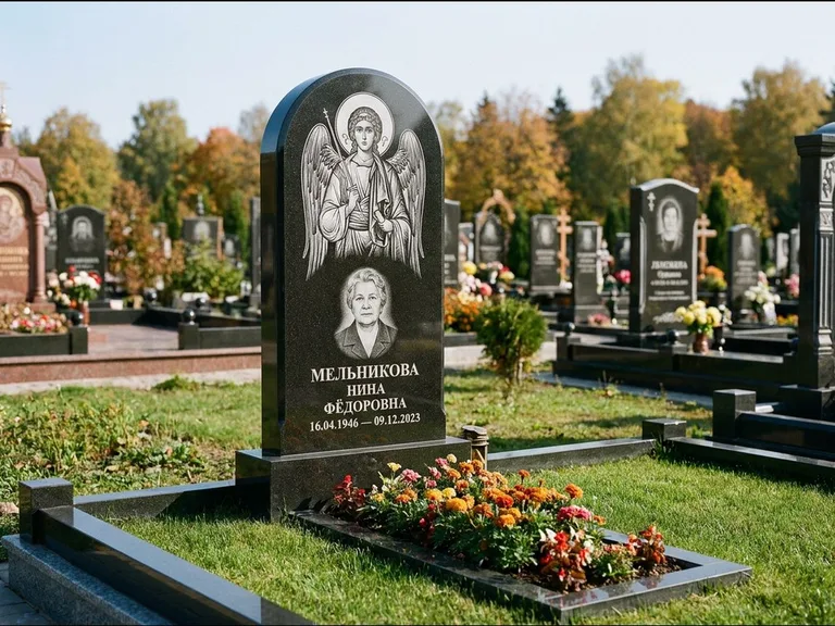 Памятник с гравировкой иконы — икона над портретом усопшего, работа «Журавлёв» в Мурманске