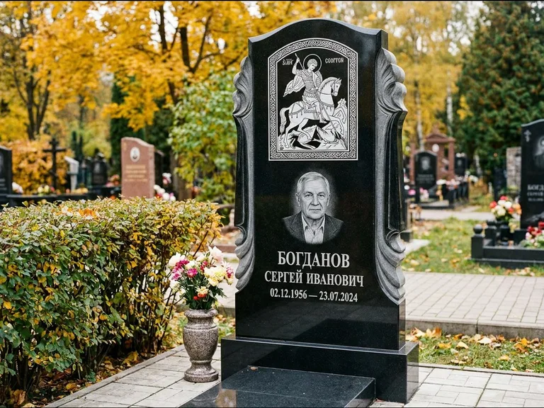 Памятник с гравировкой иконы — икона Спаса Вседержителя над именем усопшего, работа «Лебедева» в Мурманске