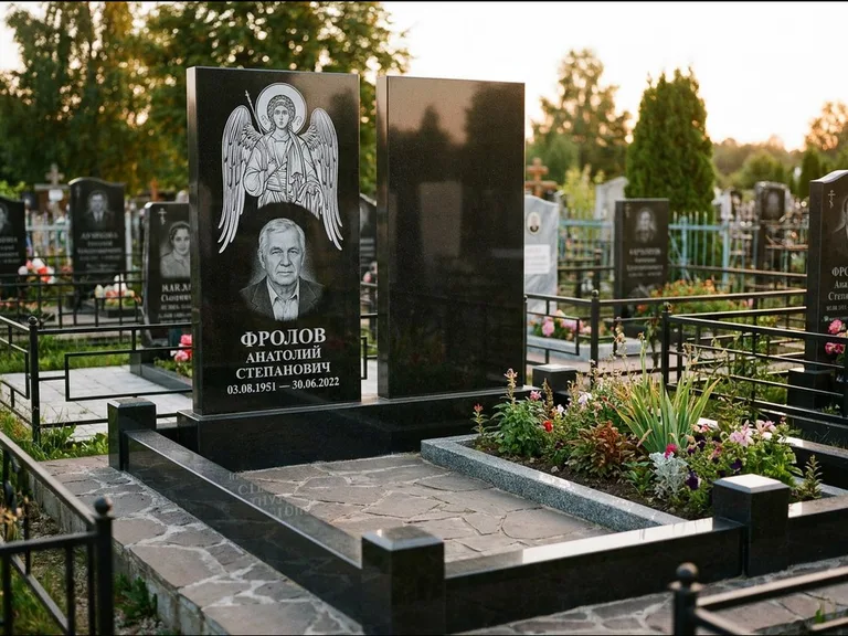 Памятник с гравировкой иконы: стела с резной рамкой вокруг иконы — Архангел Михаил на стеле, белая мраморная крошка с бордюром, работа «Богданова» в Мурманске