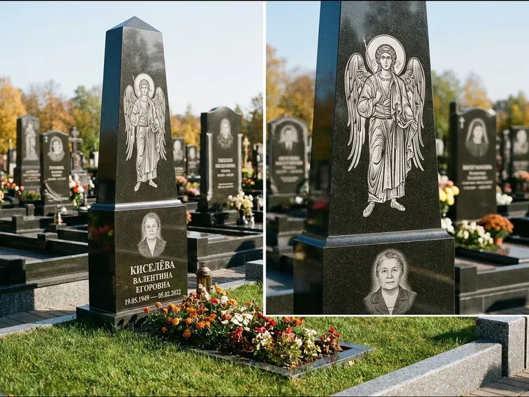 Памятник с гравировкой иконы: асимметричная скошенная стела — гравировка образа Спасителя, живая изгородь из кустарника, работа «Третьяков» в Мурманске