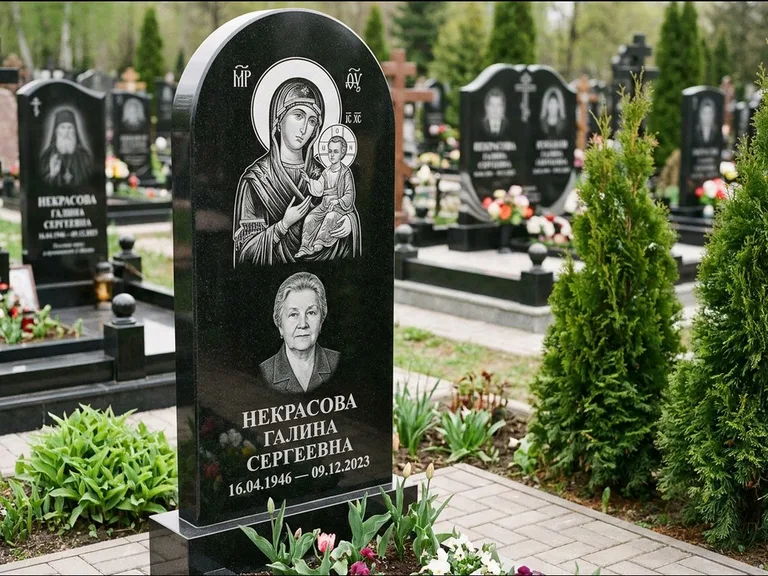 Памятник с гравировкой иконы: фигурная стела с киот-нишей под икону — икона в резной рамке-киоте, светлая гравийная отсыпка, работа «Журавлёв» в Мурманске