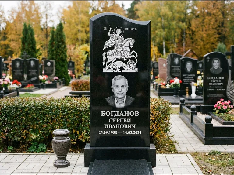 Памятник с гравировкой иконы: монументальный семейный мемориал из двух стел на общем цоколе — гравировка Николая Чудотворца, мощёная гранитная площадка без ограды, работа «Раевская» в Мурманске