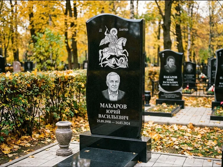 Памятник с гравировкой иконы — икона над портретом усопшего, работа «Раевская» в Мурманске