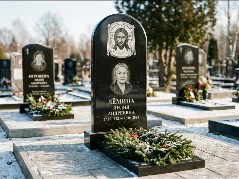 Памятник с гравировкой иконы — икона Спаса Вседержителя над именем усопшего, работа «Ковалёв» в Мурманске