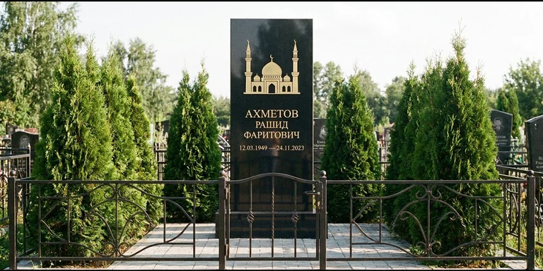 Гравировка мечети на памятник в Мурманске — стела из чёрного гранита, оформление по канонам ислама