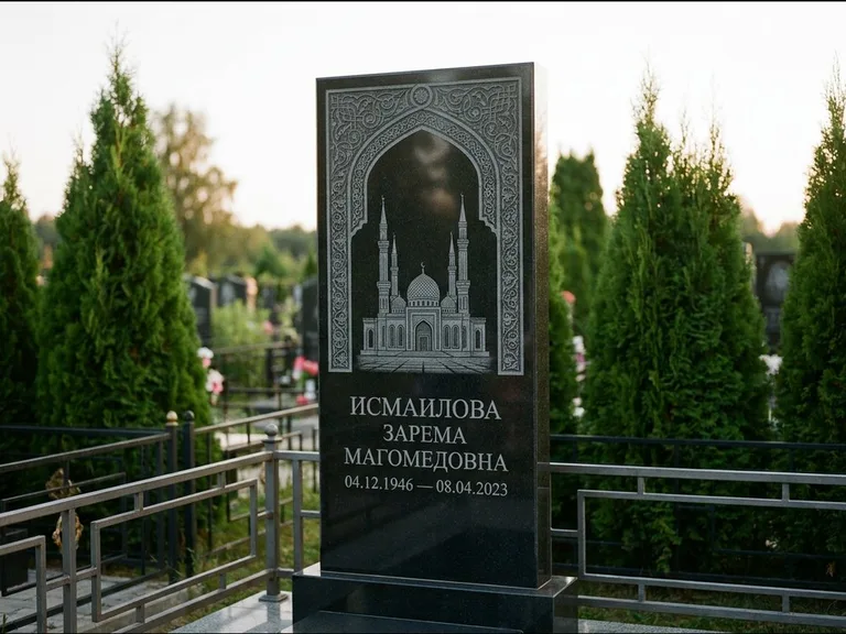 Мусульманский памятник с гравировкой мечети — мечеть в восточной арке с орнаментом, работа «Исмаилова» в Мурманске