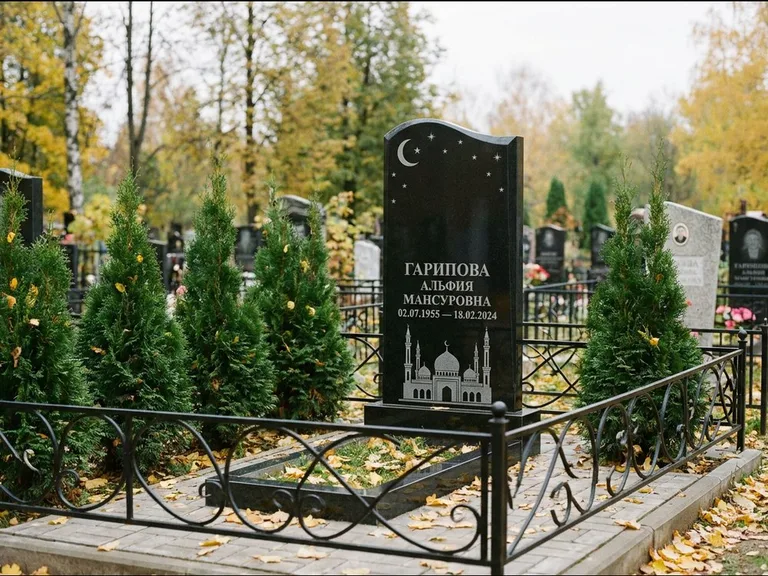 Мусульманский памятник с гравировкой мечети — мечеть с луной в ночном небе, работа «Гарипова» в Мурманске
