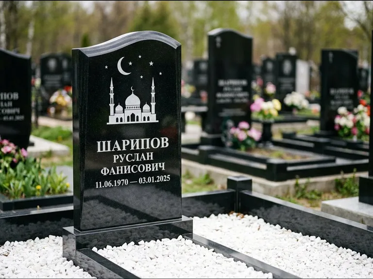 Мусульманский памятник с гравировкой мечети: стела с волнообразным скошенным верхом — гравировка мечети под полумесяцем и звёздами, белая мраморная крошка с бордюром, работа «Шарипов» в Мурманске