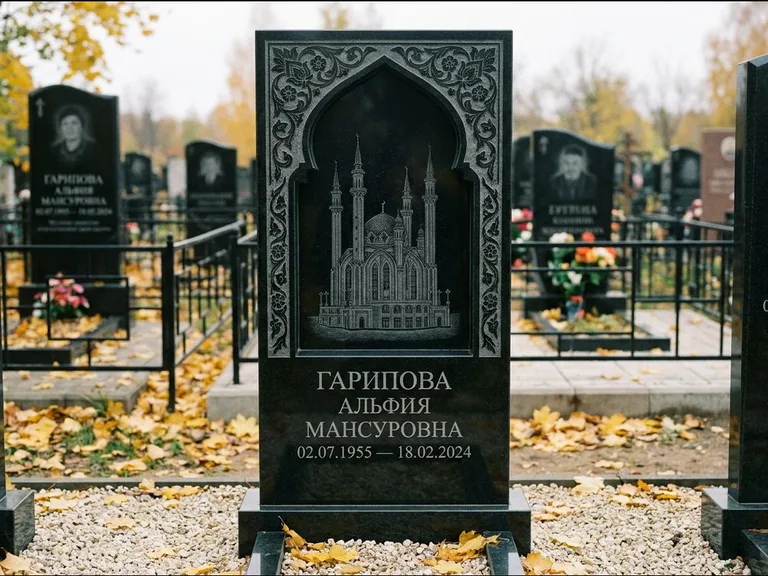 Мусульманский памятник с гравировкой мечети: фигурная стела с михраб-нишей — гравировка мечети в михраб-арке с орнаментом, светлая гравийная отсыпка, работа «Гарипова» в Мурманске