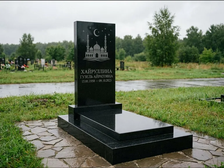 Мусульманский памятник с гравировкой мечети: ступенчатая двухуровневая стела — гравировка мечети под полумесяцем и звёздами, каменная дорожка из плитняка, работа «Хайруллина» в Мурманске