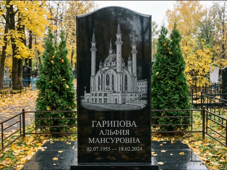 Мусульманский памятник с гравировкой мечети — мечеть Кул-Шариф на обороте стелы, работа «Гарипова» в Мурманске