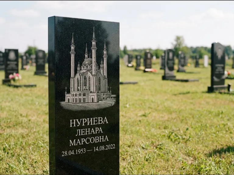 Мусульманский памятник с гравировкой мечети: узкая вертикальная стела-пилон — гравировка мечети в михраб-арке с орнаментом, открытая лужайка без ограды, работа «Хайруллина» в Мурманске