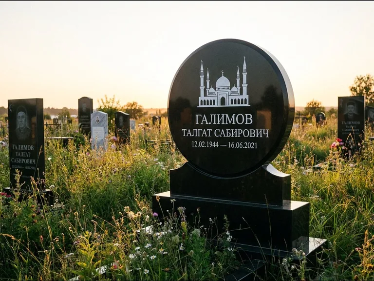 Мусульманский памятник с гравировкой мечети: округлая стела-медальон на тумбе — гравировка мечети в михраб-арке с орнаментом, луговые травы и полевые цветы, работа «Каримов» в Мурманске