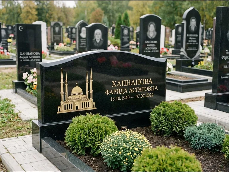 Мусульманский памятник с гравировкой мечети: вытянутая горизонтальная семейная стела с аркой — белая гравировка силуэта мечети с минаретами, участок с декоративными кустами, работа «Гарипова» в Мурманске
