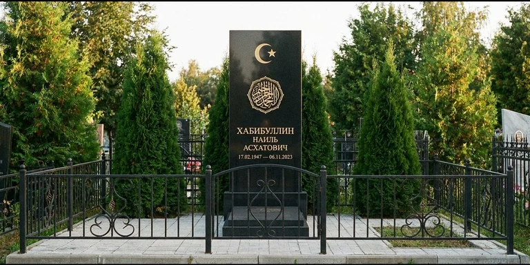 Гравировка на мусульманском памятнике в Мурманске — стела из чёрного гранита, оформление по канонам ислама