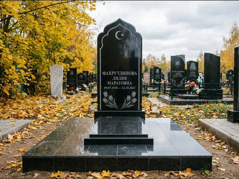 Мусульманский памятник: стела с михраб-навершием в форме арки — гравировка минарета с полумесяцем, гранитный цоколь с тёмной плиткой, работа «Фахрутдинова» в Мурманске