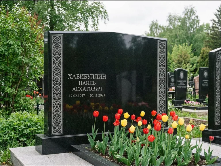 Мусульманский памятник: широкая двойная семейная стела — золочёная гравировка мечети, цветник с тюльпанами, работа «Хабибуллин» в Мурманске