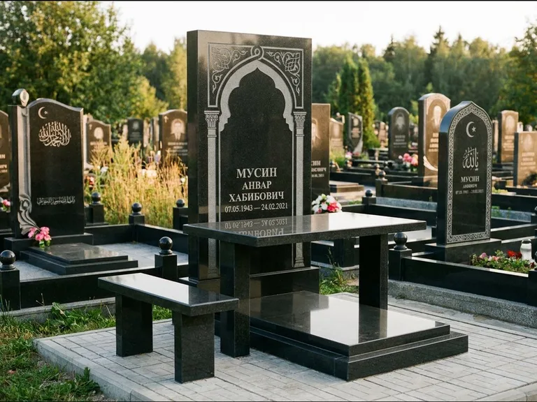 Мусульманский памятник: стела с гранитным столиком и скамьёй — гравировка мечети под полумесяцем и звёздами, семейный участок с плиткой, работа «Гимаев» в Мурманске