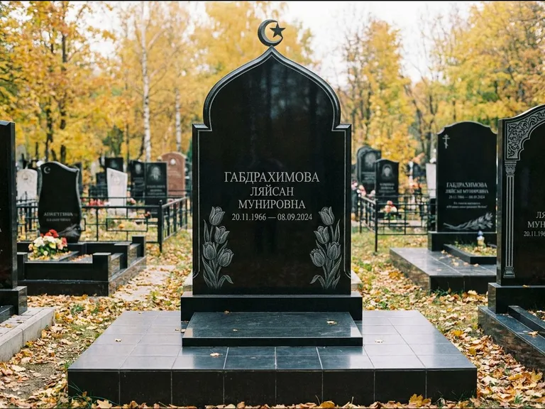 Мусульманский памятник: массивная стела с михраб-навершием — белая гравировка силуэта мечети с минаретами, цоколь тёмной плиткой, работа «Магомедова» в Мурманске