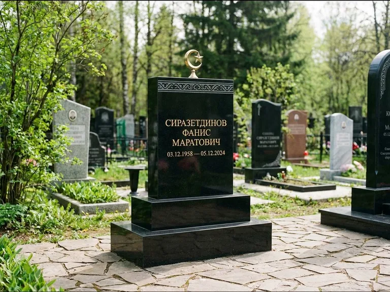 Мусульманский памятник: ступенчатая трёхуровневая стела — золочёная гравировка мечети, дорожка из природного плитняка, работа «Мустафин» в Мурманске