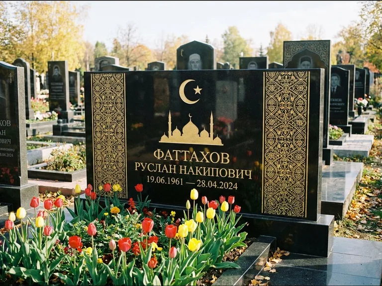 Мусульманский памятник: широкая панорамная стела с золочёным орнаментом — гравировка минарета с полумесяцем, цветник с тюльпанами, работа «Сулейманов» в Мурманске