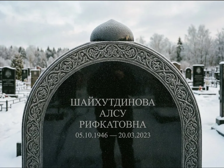 Мусульманский памятник: полукруглая стела с купольным навершием — гравировка мечети под полумесяцем и звёздами, заснеженный зимний участок, работа «Ганиева» в Мурманске