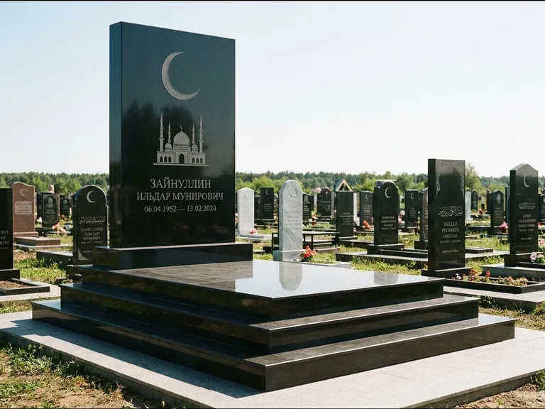 Мусульманский памятник: массивная стела на ступенчатом постаменте — гравировка мечети под полумесяцем и звёздами, гранитная площадка без ограды, работа «Хабибуллин» в Мурманске