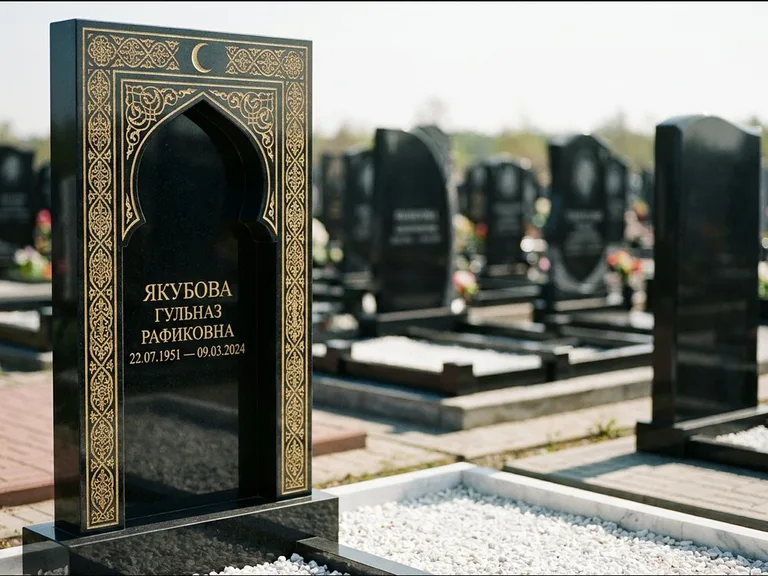 Мусульманский памятник: стела в форме михраба с глубокой нишей и золочёным орнаментом — детализированная гравировка мечети Кул-Шариф, участок с белой мраморной крошкой, работа «Мустафин» в Мурманске