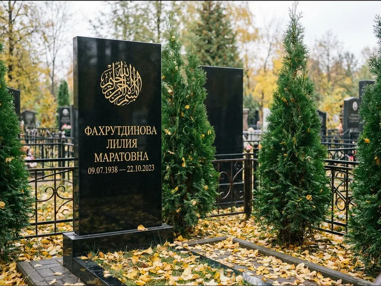 Мусульманский памятник — шахада в верхней части стелы, работа «Фахрутдинова» в Мурманске