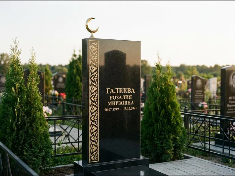 Памятник с гравировкой полумесяца — золочёный полумесяц и колонна растительного орнамента-ислими, работа «Галеева» в Мурманске