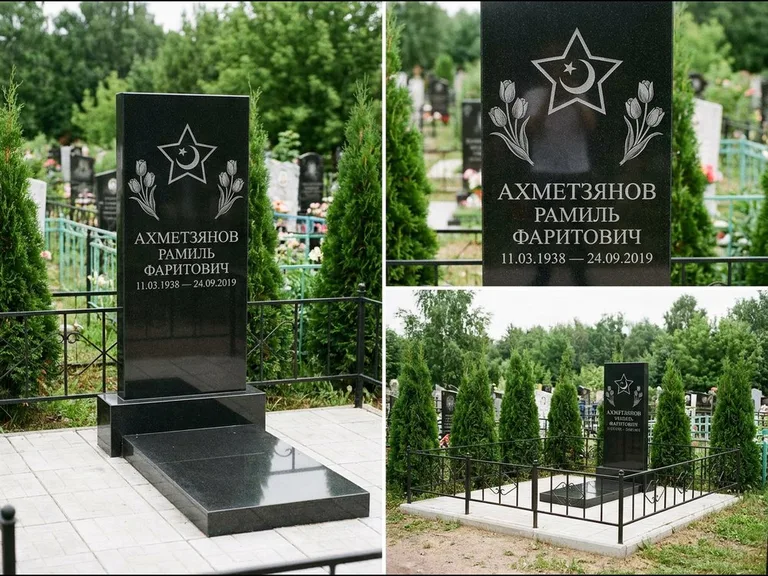 Памятник с гравировкой полумесяца — гравировка полумесяца со звездой и тюльпанами по бокам, работа «Ахметзянов» в Мурманске