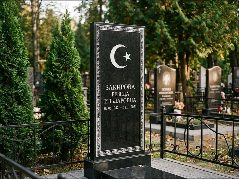 Памятник с гравировкой полумесяца — строгая белая гравировка полумесяца со звездой и орнаменталь, работа «Закирова» в Мурманске