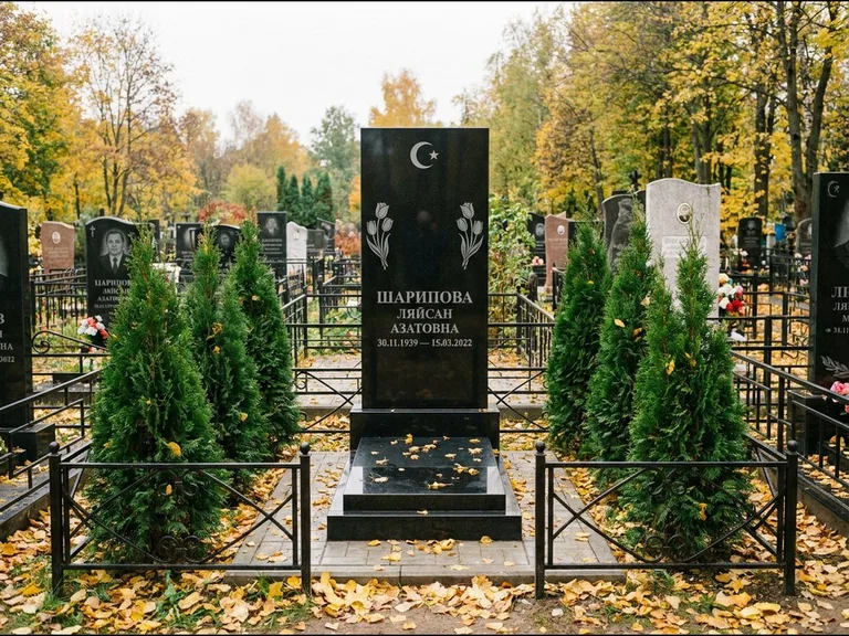 Памятник с гравировкой полумесяца — гравировка полумесяца со звездой и тюльпанами по бокам, работа «Шарипова» в Мурманске