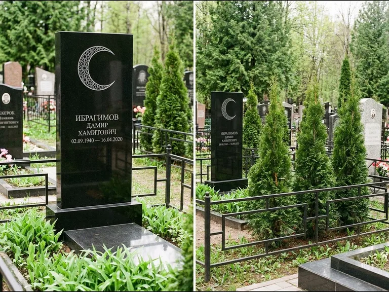 Памятник с гравировкой полумесяца — гравировка полумесяца в геометрическом орнаменте-гирихе, работа «Ибрагимов» в Мурманске
